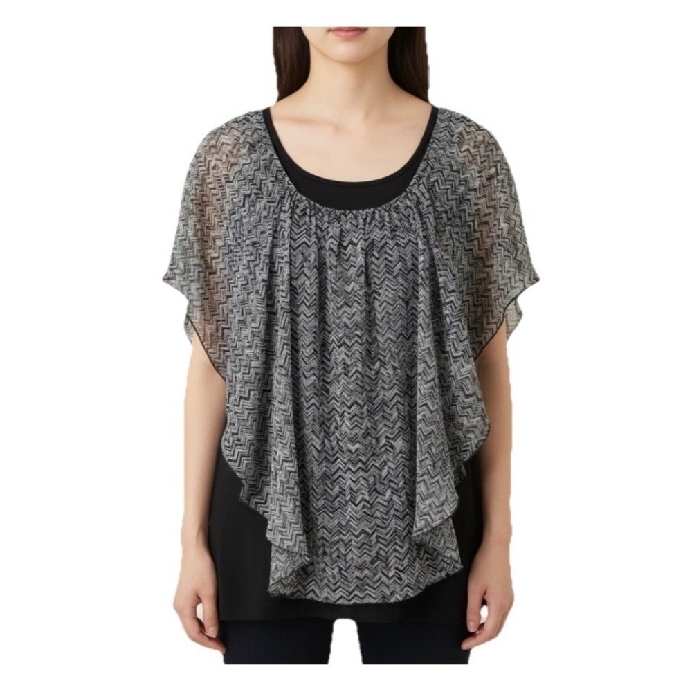 Cha Cha Vente Poncho Top Women 2X Navy Blue White‎ Chevron Layered Blouse